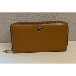 Valentina Light Tan Caramel Brown Zip Around Checkbook Size Wallet